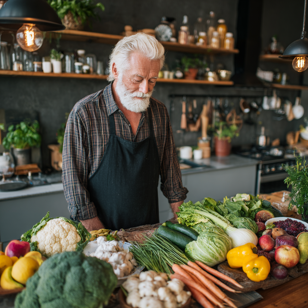 Чоловік 58 років з білим волоссям розглядає різноманітні здорові страви на столі